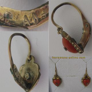 Antike Ohrringe KORALLE Herz Gold Doublé AD gestempelt