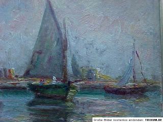 Segelboote vor Hafenstadt Ostsee Impressionistisches Gemälde um 1930