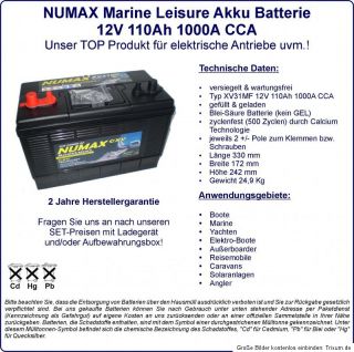 Numax Batterie 12 V 110 Ah Marine Außenborder Elektromotor Bootsmotor