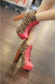 Leopard Damen Schuhe Blockabsatz Stiefeletten Plateau High Heel Pumps