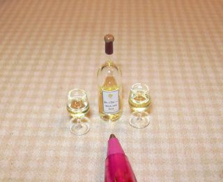 Miniature White Wine Bottle Real Liquid Glass Glasses DOLLHOUSE