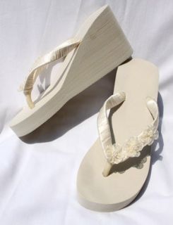 Wedge Bridal Flip Flops Sandals with Organza Flowers Size 9 Shoes