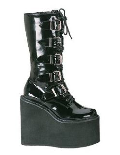 Gothic KISS Buckle Black High Wedge Boot   10 Clothing