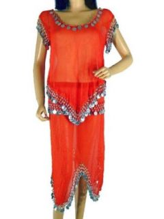 Orange Long Coin Skirt Belly Dance Dancer Outfit Top M