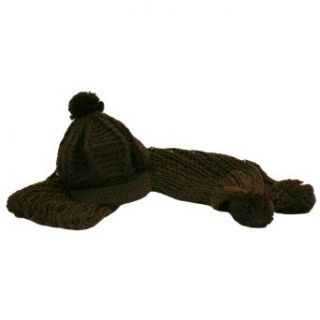 Brown Crocheted Thick Knit Pom Pom Newsboy Hat & Scarf Set