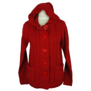 Red Long Sleeve Hooded Cable Knit Sweater Jacket Size