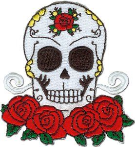 Novelty Iron on   Skulls Candy Skull & Red Roses Flowers