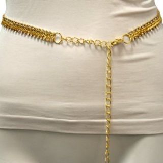 Mixed 3 Row Rhinestone Chain Link Gold Thin Belt: Clothing