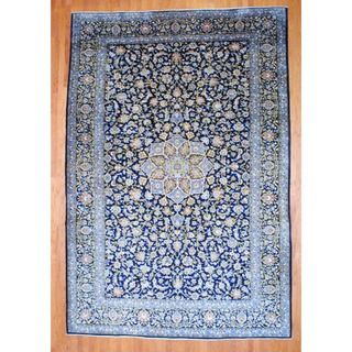 knotted Isfahan Navy/ Light Blue Wool Rug (99 x 146)