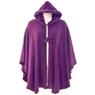 Purple Hooded Faux Fur Trim Poncho Shawl Cape Wrap