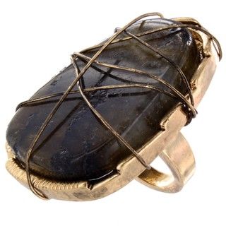 Goldtone Wire wrapped Charcoal dyed Stone Slice Ring