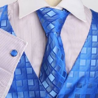 Mens Designer Blue Checkered Tuxedo Vest Set Match Necktie