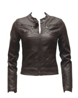 Ladies Plus Size Brown Synthetic Leather Jacket Button