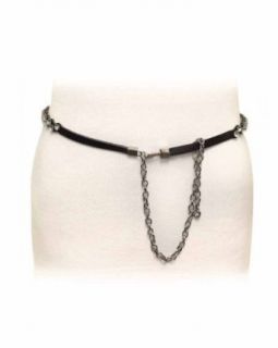 Black Leather Stone Studded Skinny Zig Zag Belt with Chain