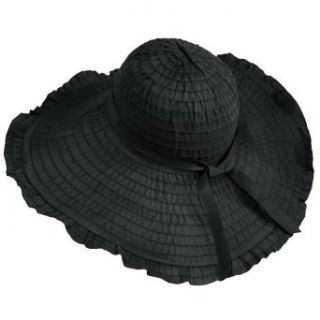 Black Ruffled Wide Wired Brim Floppy Sun Hat: Clothing