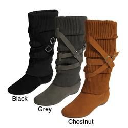 Journee Womens Mid calf Strappy Knit Boots