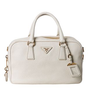 Prada Womens Vitello Daino White Pebbled Leather Satchel Bag