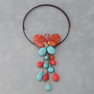 Copper Red Coral and Turquoise Butterfly Choker Necklace (Thailand