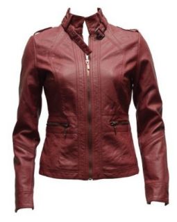 Ladies Burgundy Synthetic Leather Jacket Belt Strap Collar