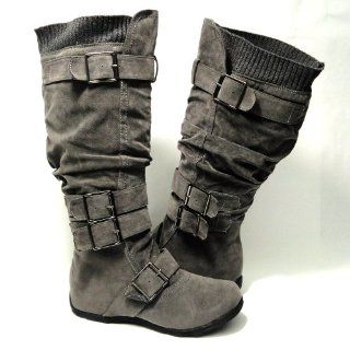 Womens Knee High Faux Suede Flat Winter Buckle Boots Gray , 5.5: Shoes