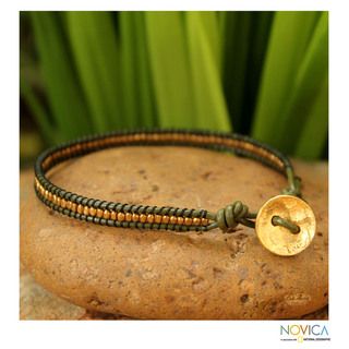 Handcrafted Gold Overlay Golden Olive Leather Bracelet (Thailand