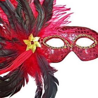 Vibrant Red Sequin Masquerade Feather Mask Clothing