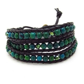 Green Clover Round Malachite Stones 3 Wrap Leather Bracelet (Thailand)