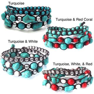 Blue Turquoise Gemstone Triple Wrap Cotton Rope Tribal Bracelet