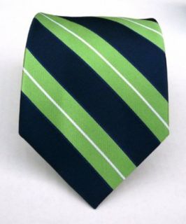 100% Silk Woven Navy and Apple Striped Tie: Clothing