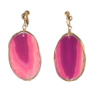 Goldtone Wire wrapped Genuine Pink Sliced Agate Earrings