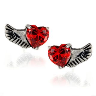 Stainless Steel Red Heart Cubic Zirconia Angel Wing Stud Earrings