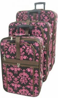Brown Pink Damask Print 3 Piece Suitcase Rolling Luggage