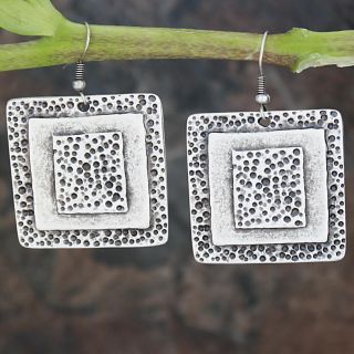 Silverplated Pewter Concentric Squares Dangle Earrings (Turkey