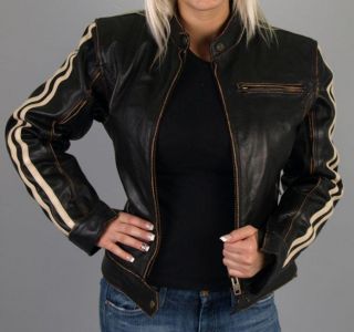 Leather Womens Arm Striped Motorcycle Jacket