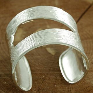 Sterling Silver Textured Cut out Cuff Bracelet (Mexico)