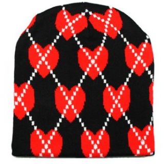 Red Hearts On Black Argyle Tight Fitting Beanie Cap Hat