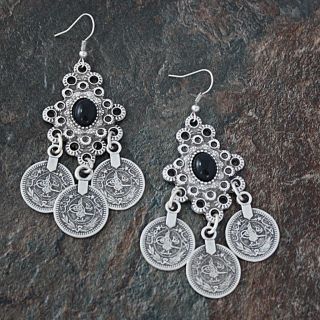 Silverplated Pewter Onyx and Coins Dangle Earrings (Turkey