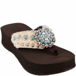 Hide, Turquoise Stones on Strap and Sunburst, Brown Wedge Sole Shoes