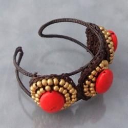 Coral Triple Brass Beaded Oval Adjustable Cuff Bracelet (Thailand