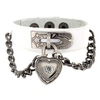 White Leather Cubic Zirconia Heart Lock and Chain Bracelet