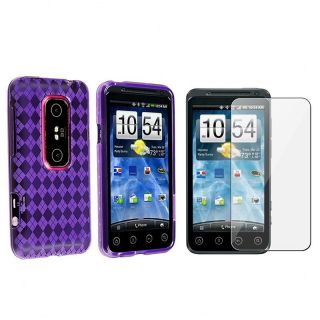 Purple Argyle TPU Rubber Case/ Screen Protector for HTC EVO 3D
