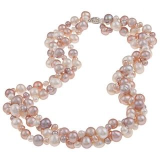 DaVonna Silver Multi Pink FW Pearl 3 row Twisted Necklace (4 mm/ 8 mm