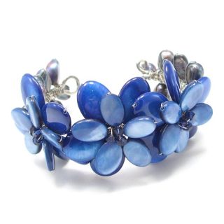 Genuine Blue Mother of Pearl Shell Cluster Flower Cuff Bracelet