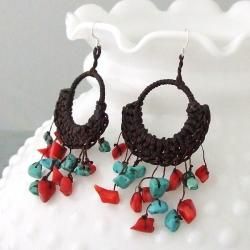 Cotton Rope Turquoise and Coral Chandelier Dangle Earrings (Thailand