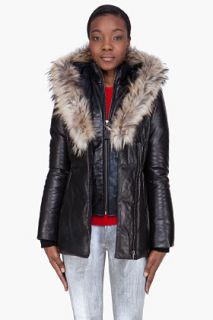 Mackage Black Leather Fur trimmed Ingrid b Coat for women