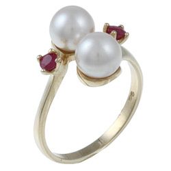 Pearls For You 10k Gold Akoya Pearl and Ruby Ring (6.5 7 mm