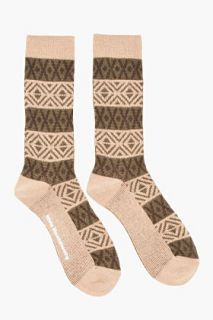 White Mountaineering Tan & Olive Mid Rise Jacquard Knit Socks  for men
