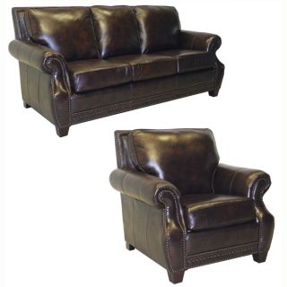 Salem Rustic Brown Italian Leather Sofa and Chair Set