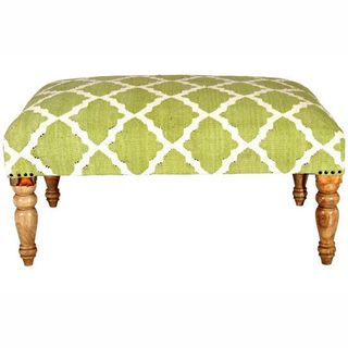 Hand upholstered Moroccan Trellis Green Wood Bench