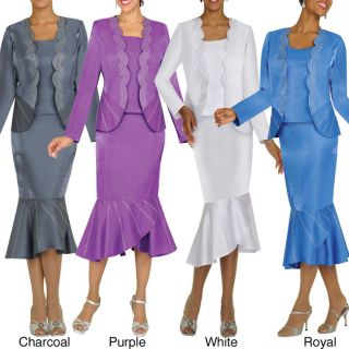 Divine Apparel Missy 3 piece Scallop Hem Rhinestone Skirt Suit